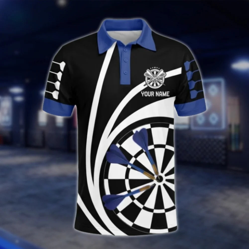 Custom Name Black White Blue Dart Mens Polo Shirt, Custom Dart Player Shirts DAT0255