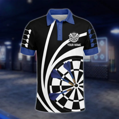 Custom Name Black White Blue Dart Mens Polo Shirt, Custom Dart Player Shirts DAT0255