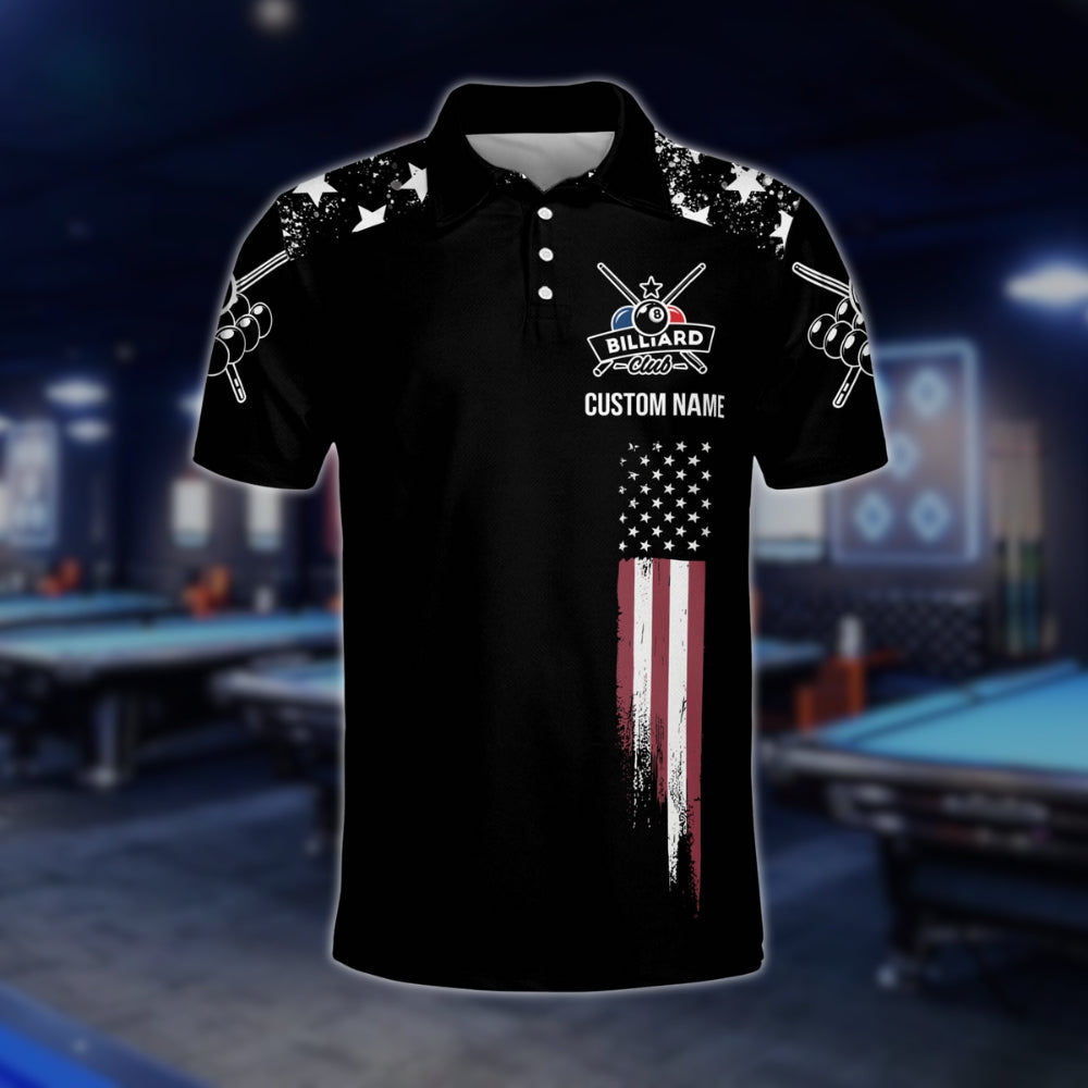 Shut Up And Shoot Custom USA Flag Billiard Men Polo Shirts, Custom Funny Patriotic Billiard Team Shirts BLD0026