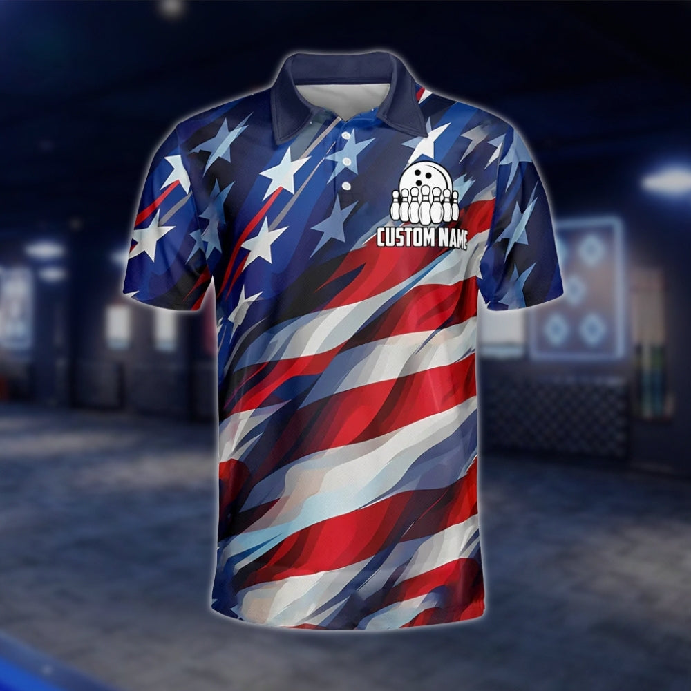 American Flag Neon Custom Mens Bowling Polo Shirt, Custom Team Patriotic Bowling Shirts BZ0050 BOW0265