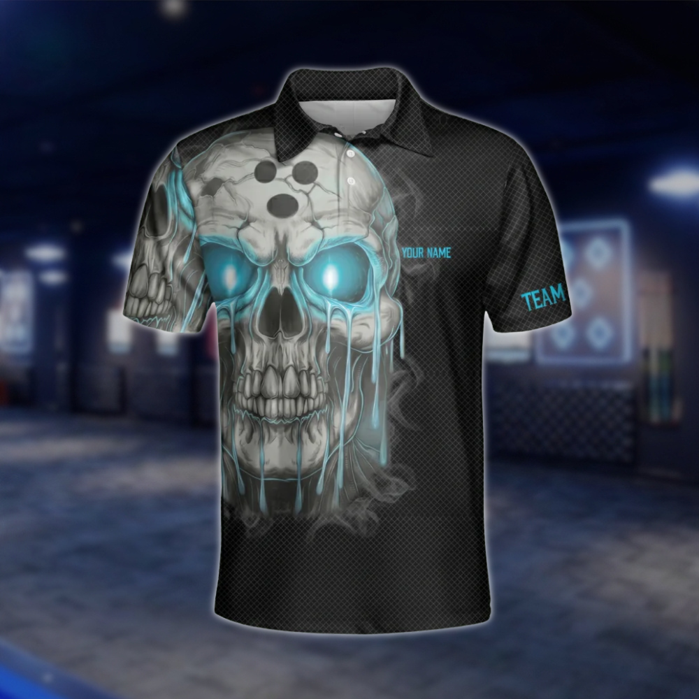 Custom Shut Up And Bowl Skeleton Black Cyan Bowling Polo Shirt, Custom Skull Funny Bowling Team Shirts BZ0490 BOW0284