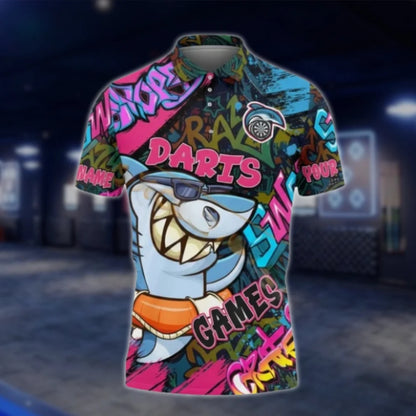 Custom Shark Graffiti Darts Polo Shirt For Men, Custom Shark Dart Team Shirts DAT0325