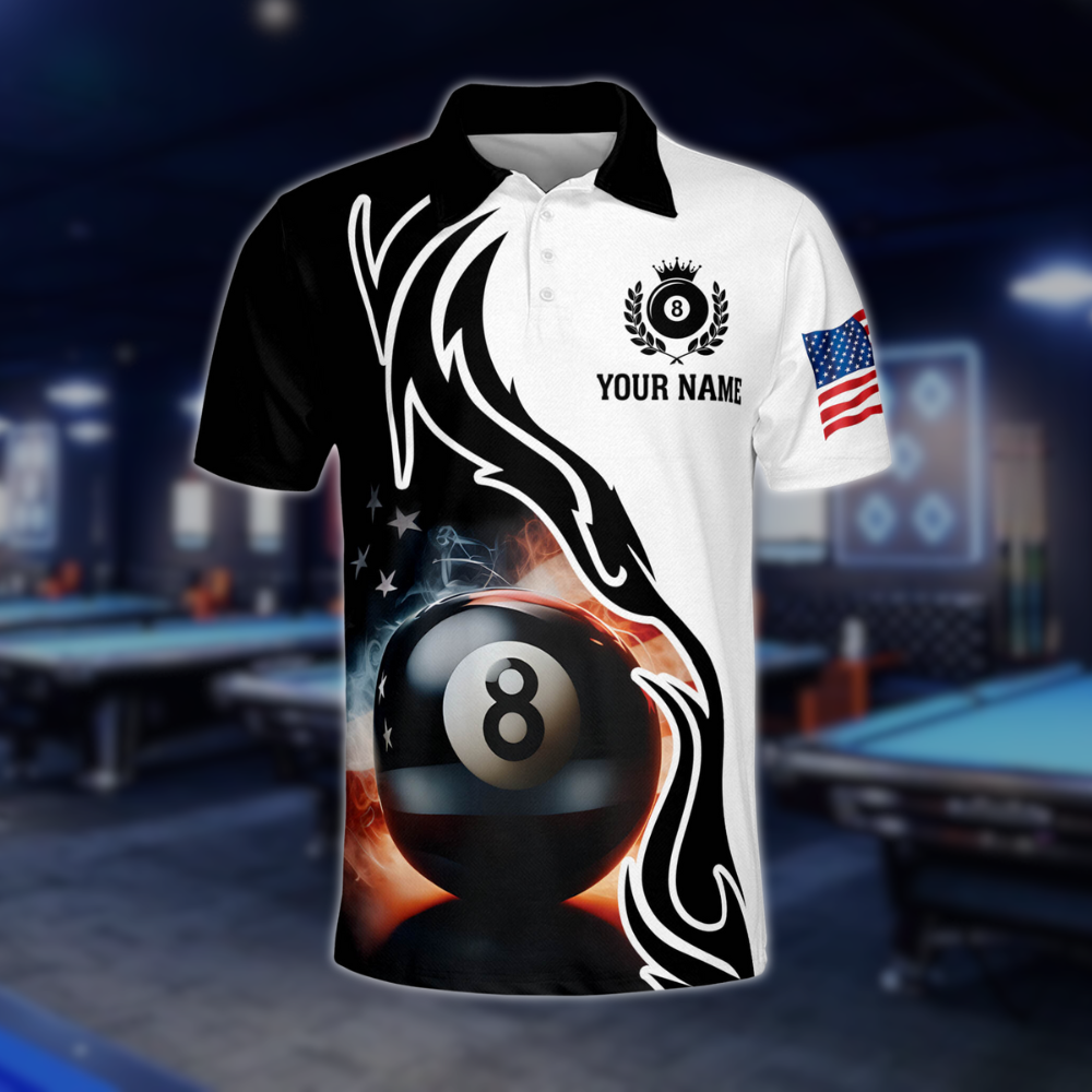 Black And White Custom 8 Ball American Flag Billiard Men Polo Shirts, Custom Patriotic Billiard Team Shirts BLD0007