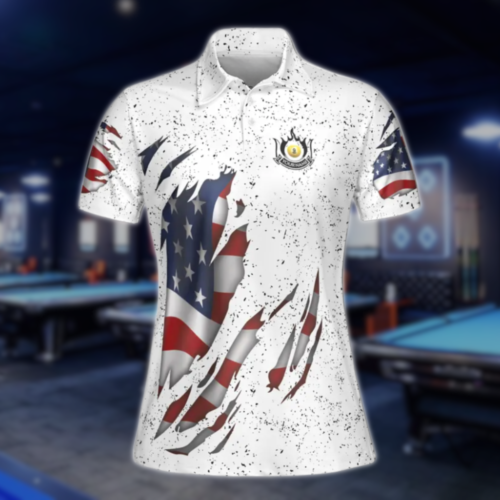USA Flag Custom White Grunge Billiard Women Polo Shirts, Custom Patriotic Billiard Team Shirts Ladies BLD0123