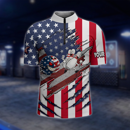 Personalized USA Flag Funny Pins And Ball Bowling Jersey, Men's Custom Patirotic Bowling Team Shirt BZ0900 BOW0043