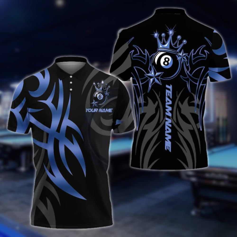 Custom King 8 Ball Black And Gold Billiard Polo Shirt Mens, Custom 8 Ball Pool Team Shirts BLD0126