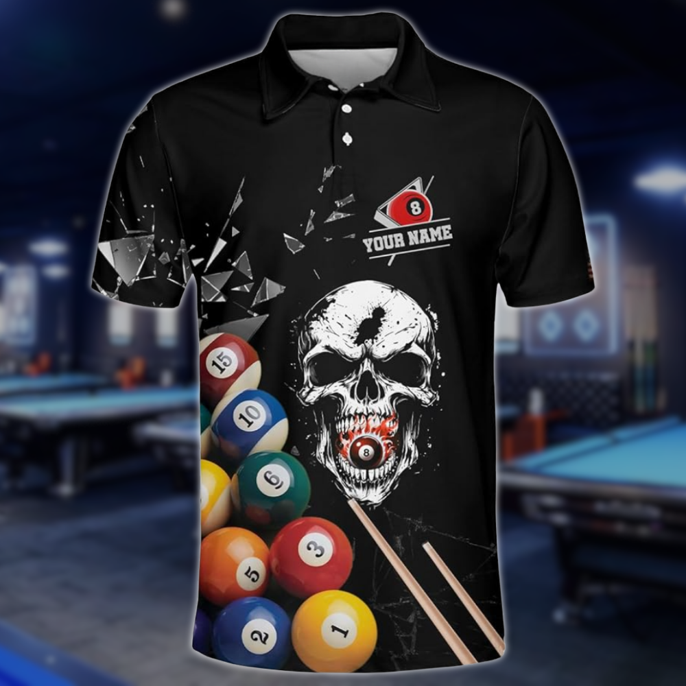 Custom Skull Black Billiard Polo Shirt Mens, Custom Skull Pool Billiard Team Shirts BLD0232