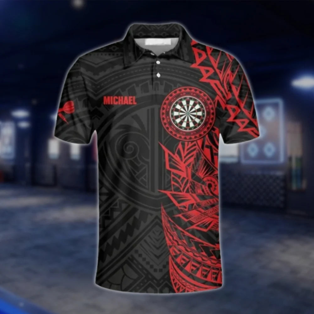 Personalized Red Tribal Mens Dart Polo Shirt, Custom Tribal Darts Shirt For Team DAT0256