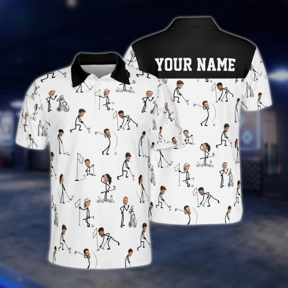 Custom Faces With Stick Figure Golf Polo Shirt Men, Custom Funny Golf Shirts With Photo GOF0065