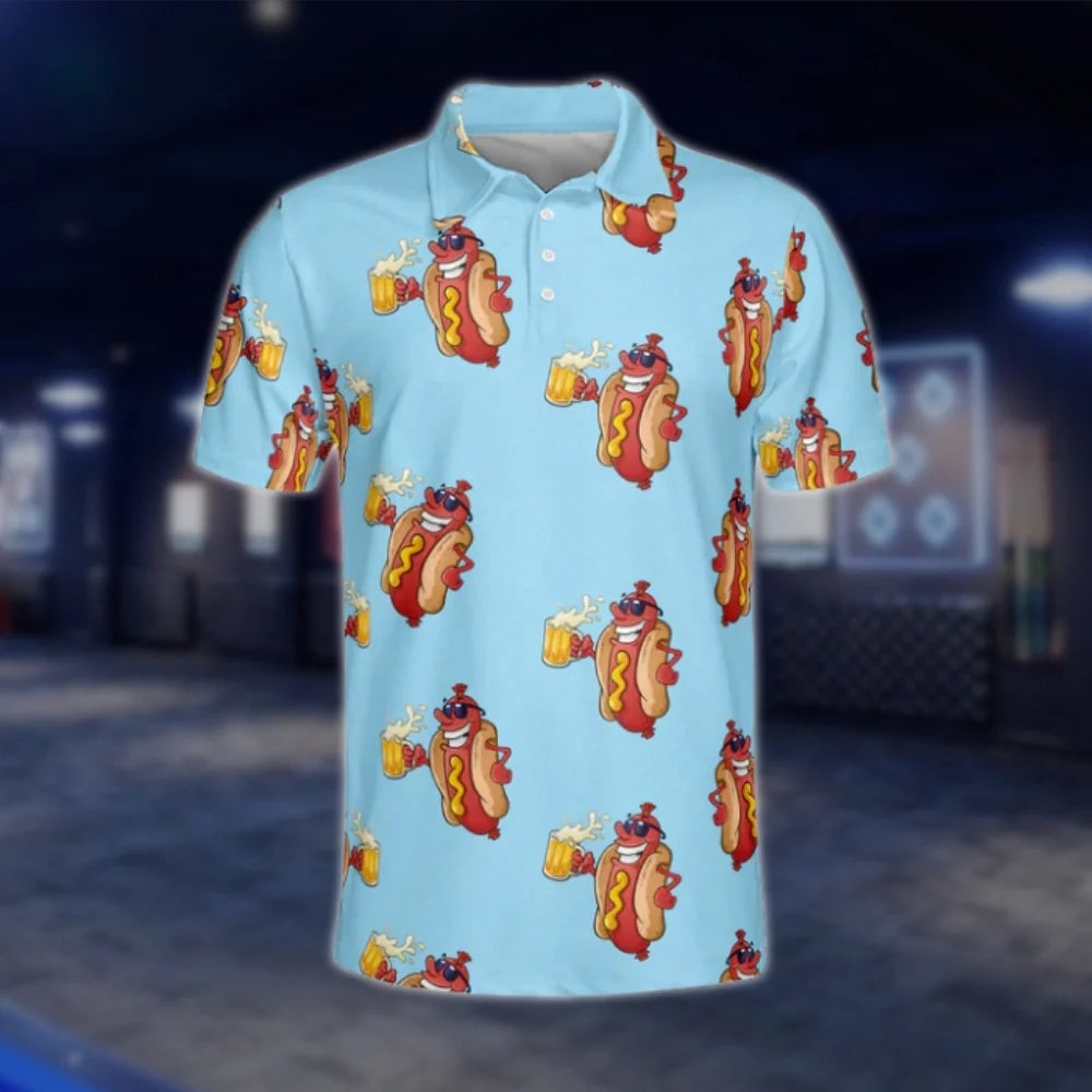 Funny Hot Dog And Beer Golf Mens Polo Shirt, Hot Dog Golf Shirt For Men GOF0135