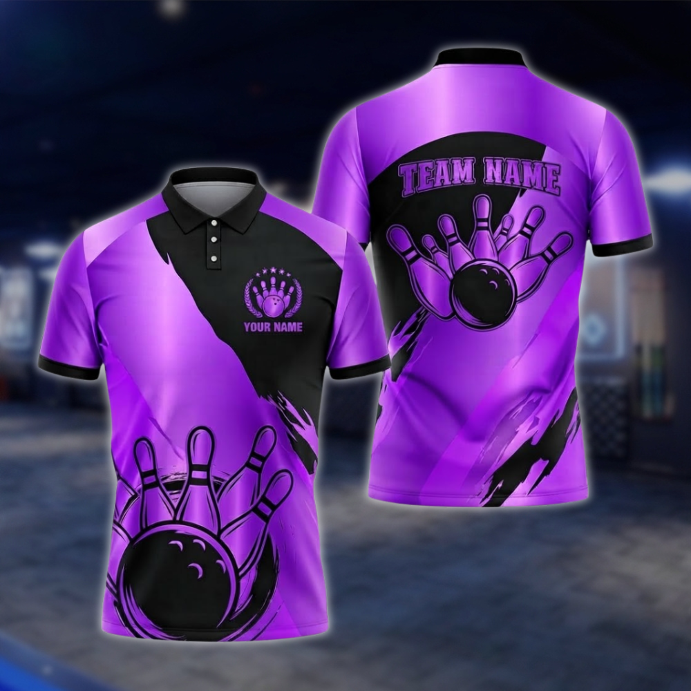 Personalized Silver Black Mens Bowling Polo Shirt For Men, Custom Team Bowling Shirt BZ0931 BOW0009