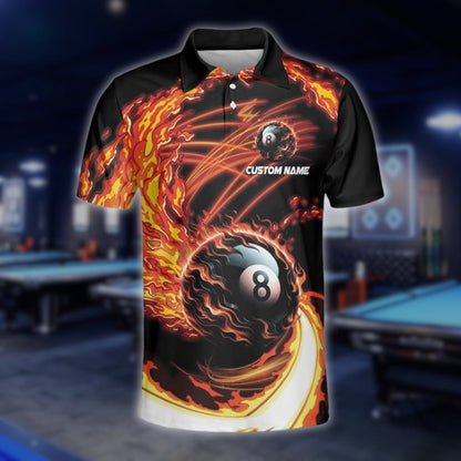 Custom Flame 8 Ball Billiard Men's Polo Shirt, Custom Flame Billiard Team Shirts BLD0094
