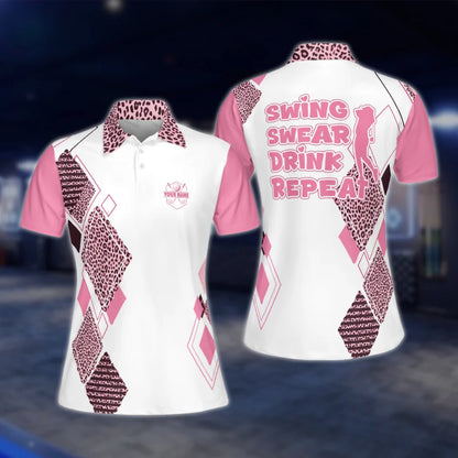 Personalized Swing Swear Drink Repeat Women's Pink Leopard Golf Polo Shirt, Custom Funny Golf Shirt For Ladies GOF0017