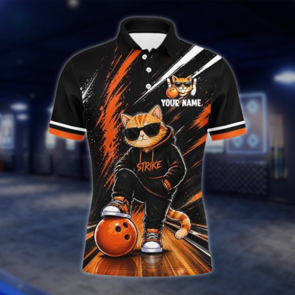 Personalized Funny Cat Bowling Mens Polo Shirt, Custom Cat Bowling Team Shirts BZ0877 BOW0066