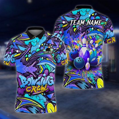 Personalized Graffiti Bowling Mens Polo Shirt, Custom Team Bowling Shirts BZ0857 BOW0091