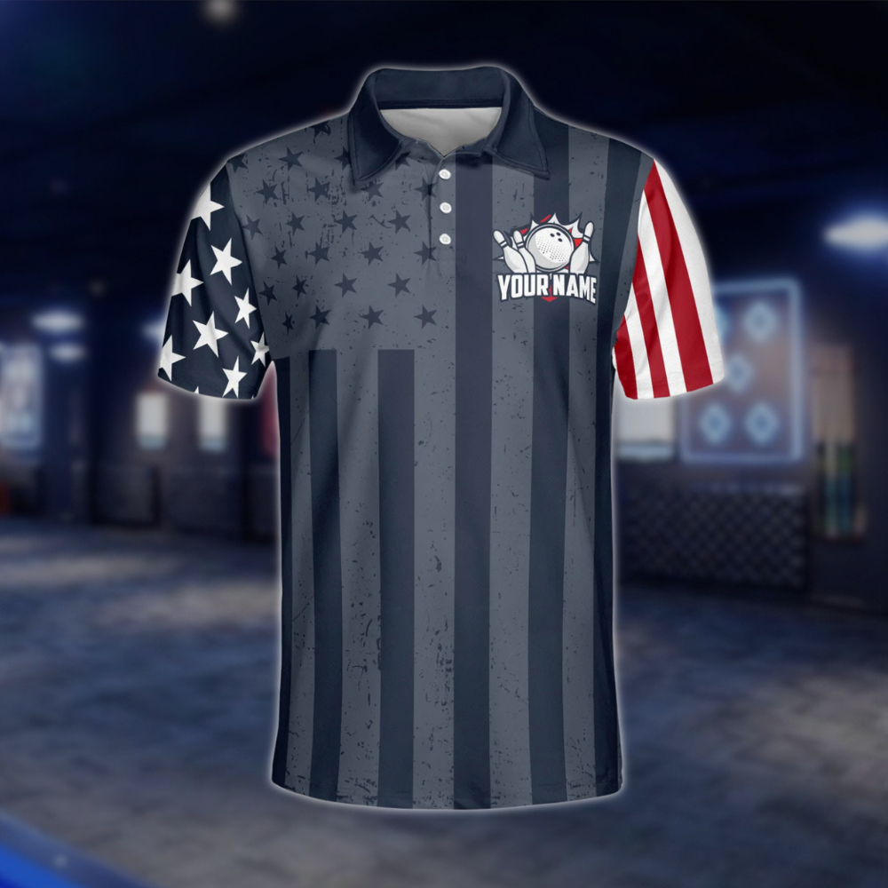 USA Flag Custom Mens Navy Bowling Polo Shirt, Custom Patriotic Bowling Team Shirts BZ0209 BOW0278