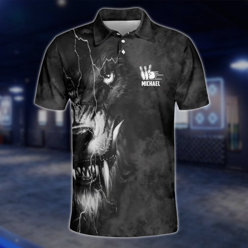 Custom Mens Wolf Black Bowling Polo Shirt, Custom Wolf Bowling Team Shirts BZ0260 BOW0225