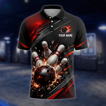 Personalized Flaming Red Black Bowling Polo Shirt For Men, Custom Flame Bowling Team Shirt BZ0916 BOW0010