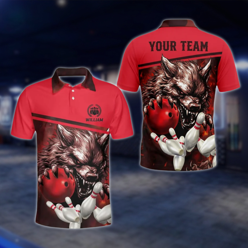 Wolf Custom Mens Blue Bowling Polo Shirt, Custom Wolf Bowling Team Shirts BZ0138 BOW0289
