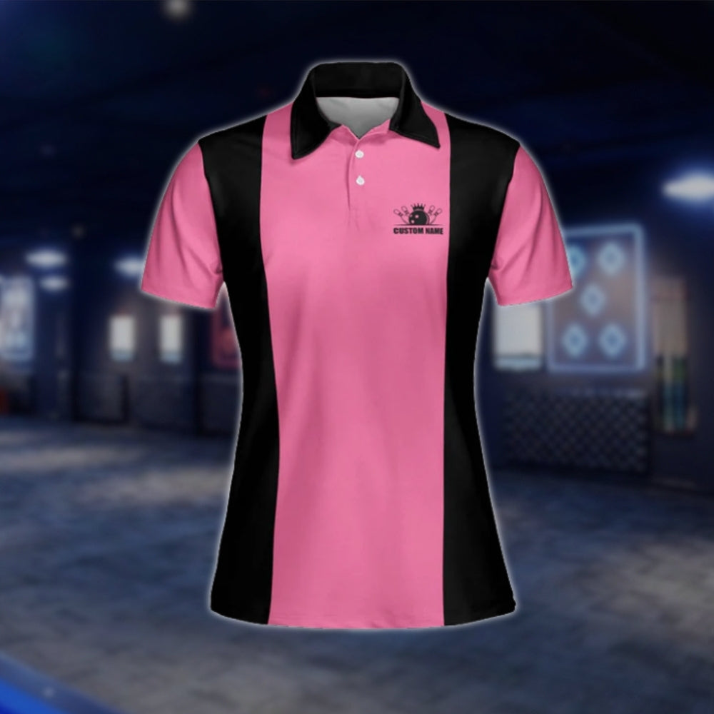 Queenpins Custom Name Black Pink Bowling Polo Shirt, Custom Funny Womens Bowling Shirts BW0050 BOW0234