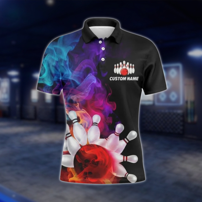 Personalized Team Colorful Smoke Bowling Polo Shirt Men, Custom Bowling Team Shirts BZ0807 BOW0099