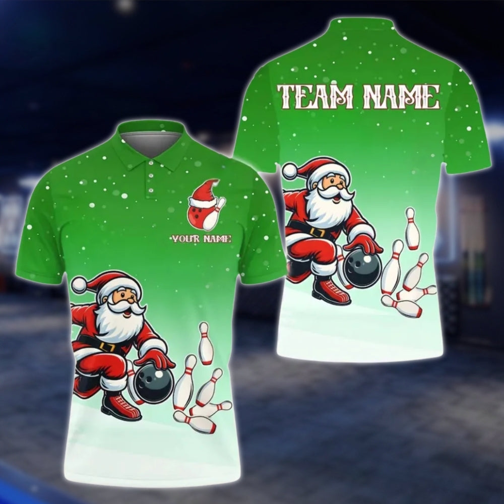 Santa Playing Bowling Custom Mens Xmas Bowling Polo Shirt, Custom Christmas Bowling Team Shirts BE0116 BOW0386