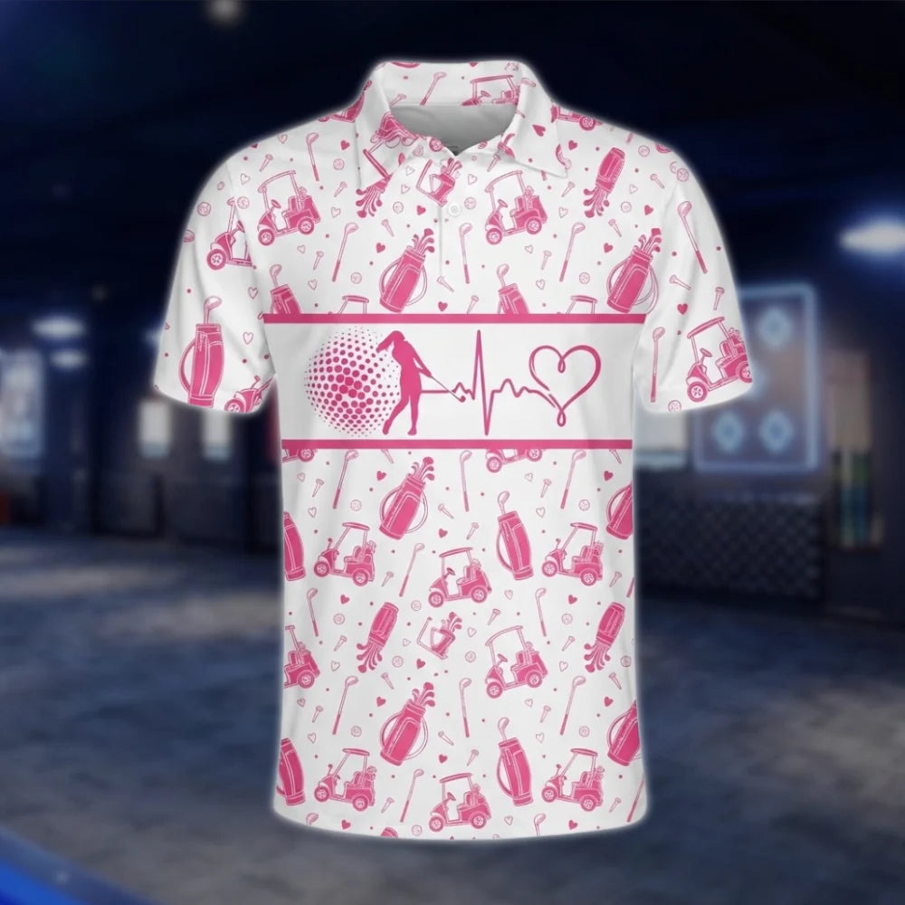 Men's Heartbeat Pink White Golf Polo Shirt, Pink Golf Mens Shirts GOF0023