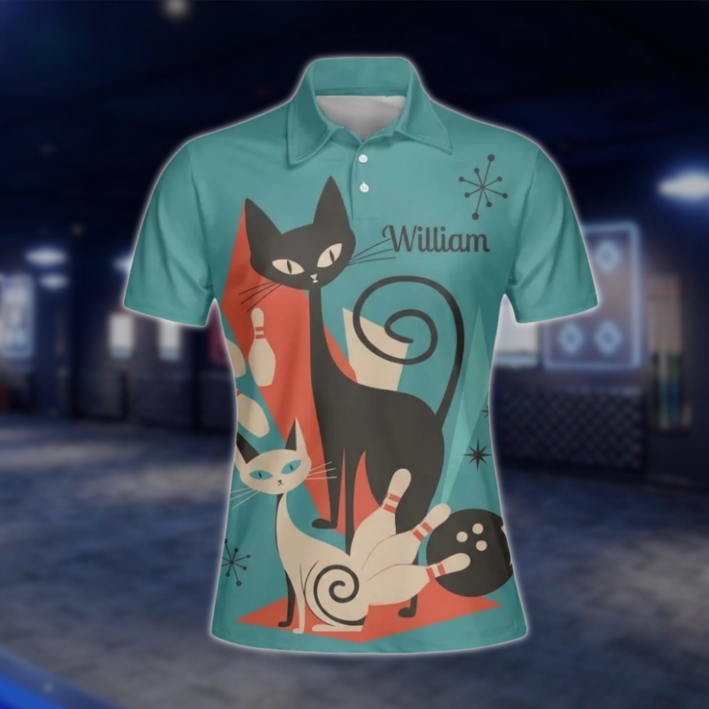 Personalized Vintage Cat Women's Cyan Bowling Polo Shirt, Custom Cat Bowling Team Shirts For Ladies BZ0774 BOW0133