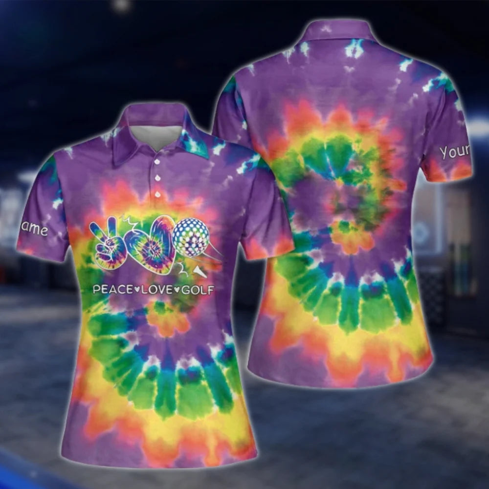 Custom Peace Love Golf Tie Dye Golf Polo Shirts For Women, Custom Tie Dye Golf Shirts GOF0267