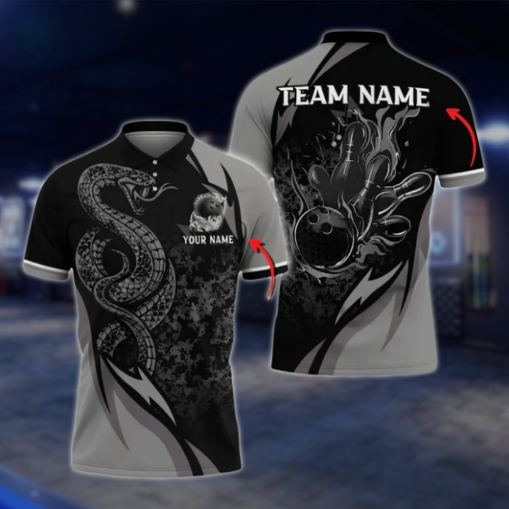 Snake Custom Purple Black Bowling Mens Polo Shirt, Custom Snake Bowling Team Shirts BO0411 BOW0396