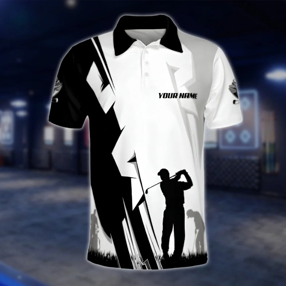 Custom Team Black And White Golf Men Polo Shirt, Custom Golf Team Shirts GOF0097
