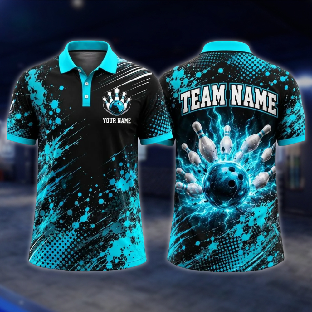 Personalized Thunder Bowling Mens Polo Shirts Black And Blue, Custom Thunder Bowling Team Shirts BE0241 BOW0084