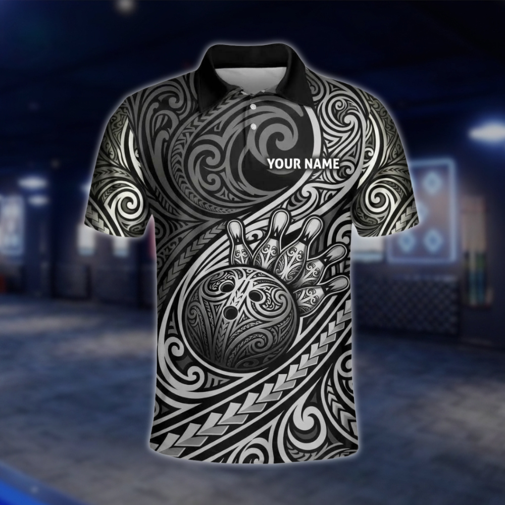 Personalized Tribal Black Grey Bowling Polo Shirt Men, Custom Tribal Bowling Shirt For Team BZ0933 BOW0005