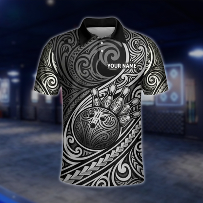 Personalized Tribal Black Grey Bowling Polo Shirt Men, Custom Tribal Bowling Shirt For Team BZ0933 BOW0005
