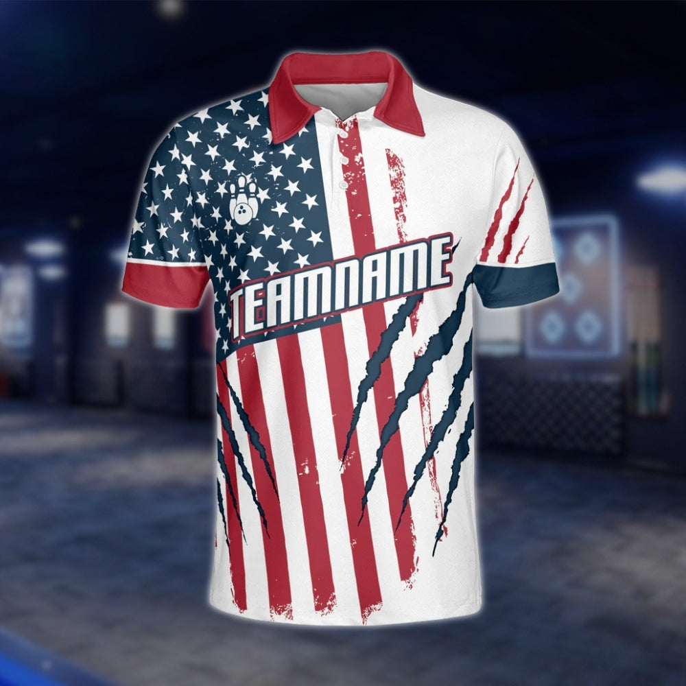 Eagle American Flag Custom Mens Bowling Polo Shirt, Custom Patriotic Bowling Team Shirts BZ0098 BOW0222
