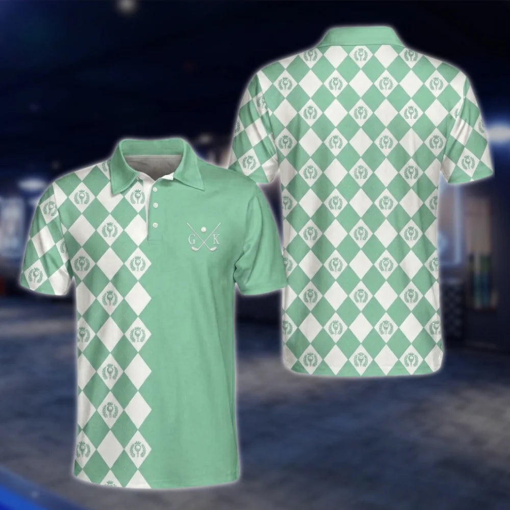 Personalized Initial Name Men's Argyle Golf Polo Shirt, Custom Argyle Golf Shirt Pink GOF0088
