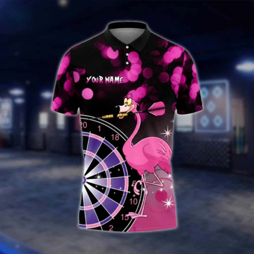 Custom Black And Pink Flamingo Dart Mens Polo Shirt, Custom Flamingo Dart Team Shirt DAT0460