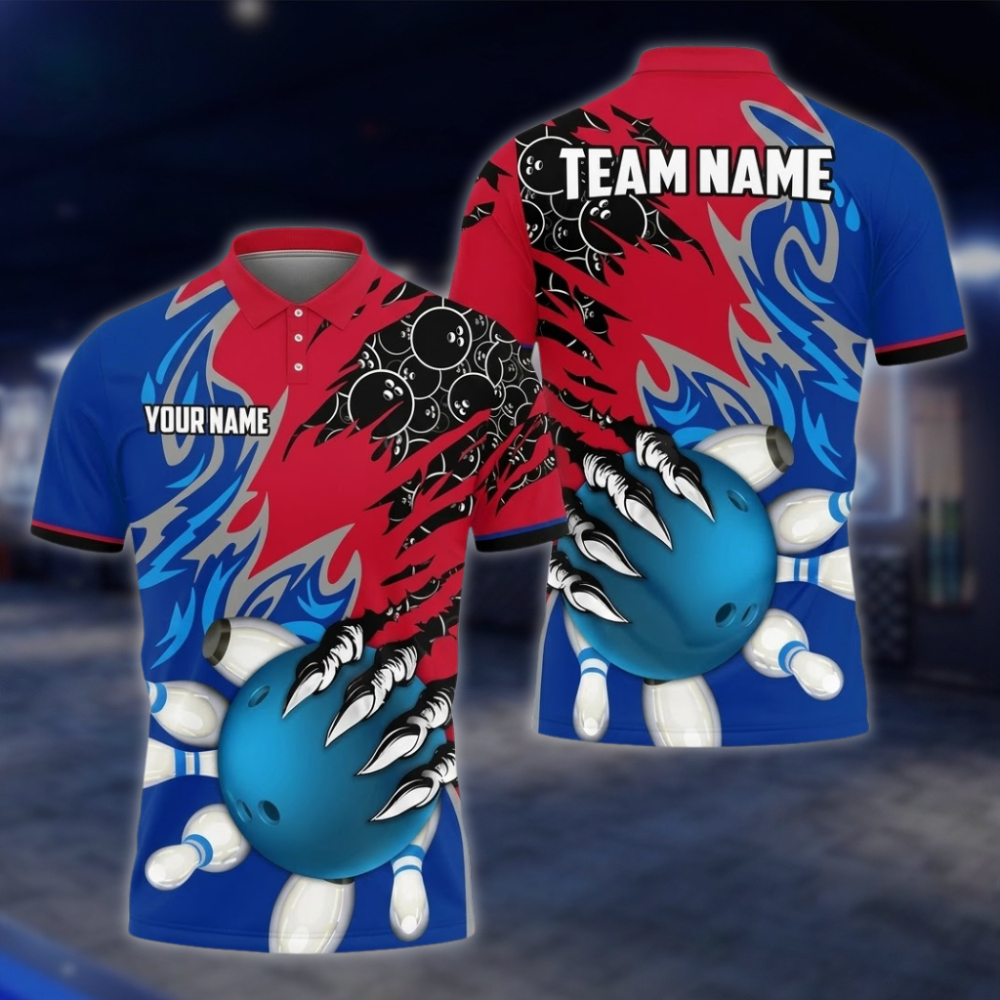 Personalized Team Orange Blue Grunge Bowling Polo Shirt, Custom Bowling Shirt For Men BZ0855 BOW0093