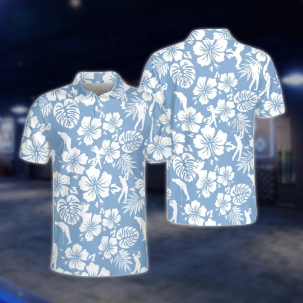 Hibiscus Tropical Matching Blue Golf Polo Shirts For His And Her, Matching Floral Couple Golf Shirts GOF0173