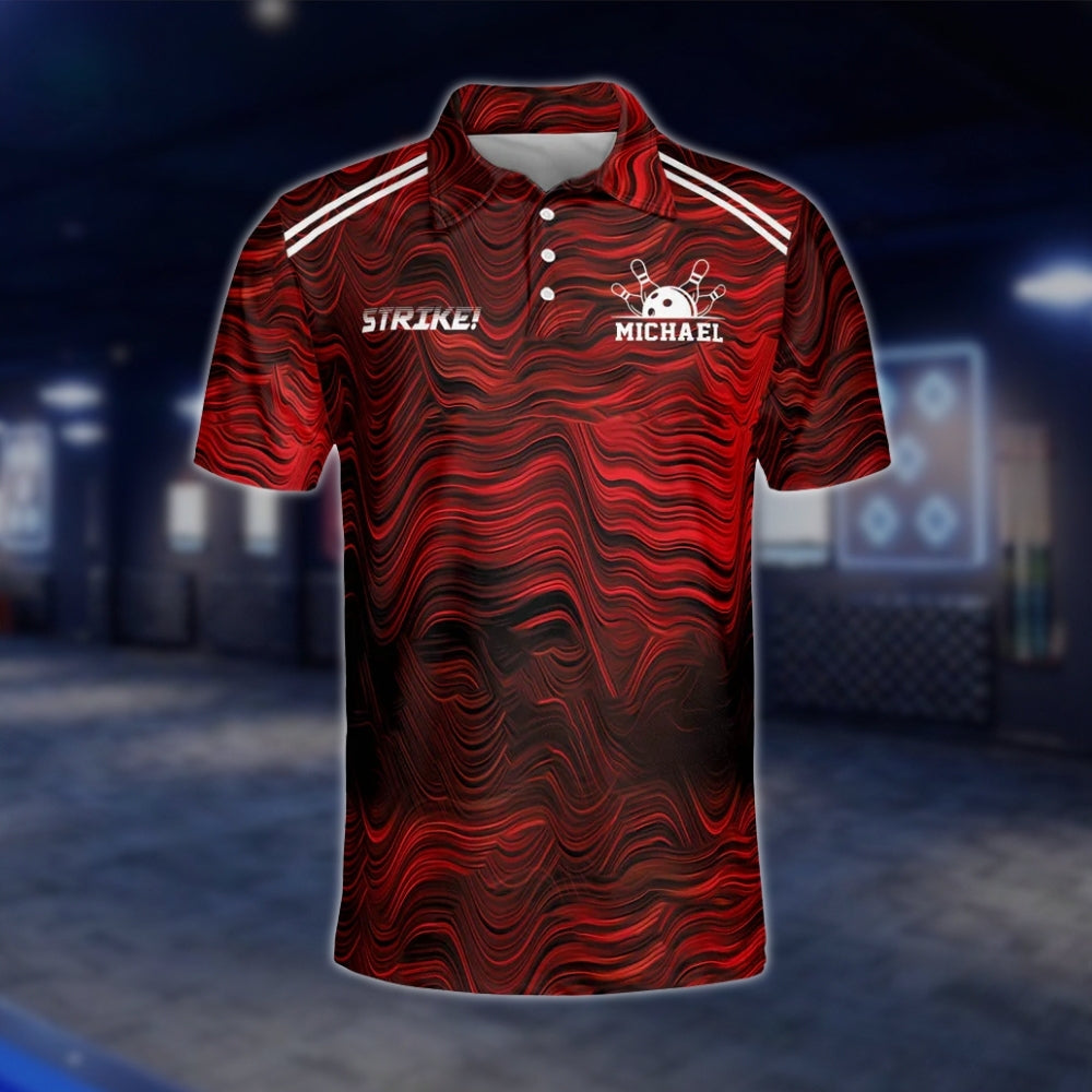 Custom Team Red Wave Abstract Bowling Polo Shirts For Mens, Custom Bowling Team Shirt BZ0170 BOW0496