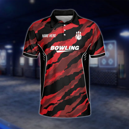 Custom Camo Red Black Bowling Polo Mens Shirt, Custom Camo Bowling Shirts For Team BZ0196 BOW0267