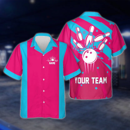 Custom Retro Red Blue Bowling Hawaiian Shirt For Men Women, Custom Team Retro Bowling Shirts BE0022 BOW0345