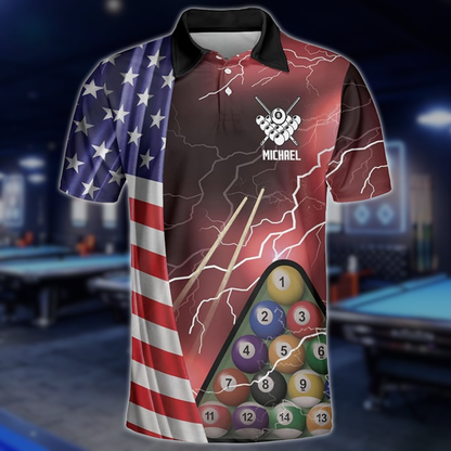 Custom USA Flag Thunder Lightning Billiard Men Polo Shirt, Custom Patrotic Billiard Team Shirts BLD0278