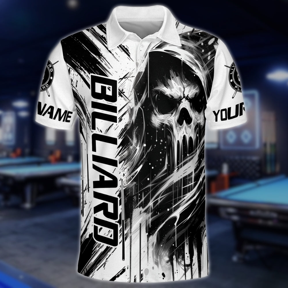 Custom Skull 8 Ball Black And White Billiard Polo Shirt For Mens, Custom Skull Billiard Team Shirts BLD0148