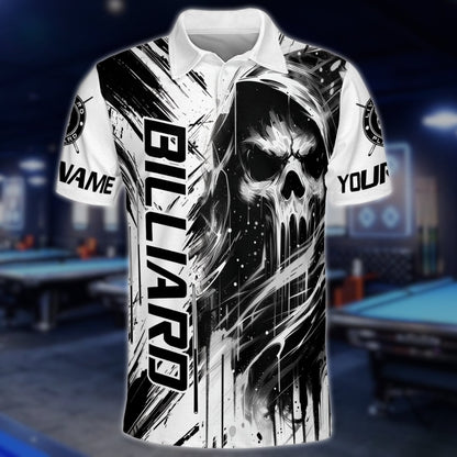 Custom Skull 8 Ball Black And White Billiard Polo Shirt For Mens, Custom Skull Billiard Team Shirts BLD0148