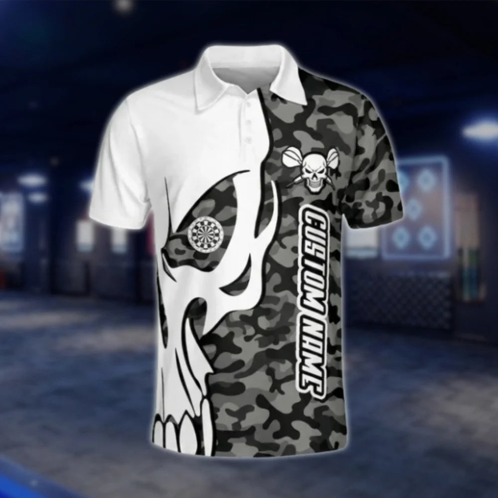 Custom Skull Camo Men's Dart Polo Shirt, Custom Skull Dart Team Shirt Black And White DAT0438