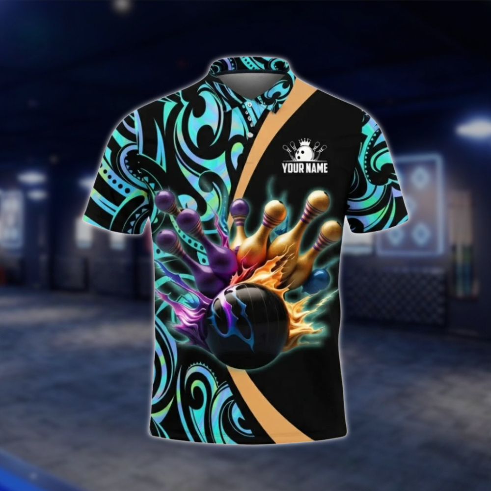Personalized Golden Pins Men's Tribal Bowling Polo Shirt, Custom Tribal Bowling Shirt For Team BZ0803 BOW0102