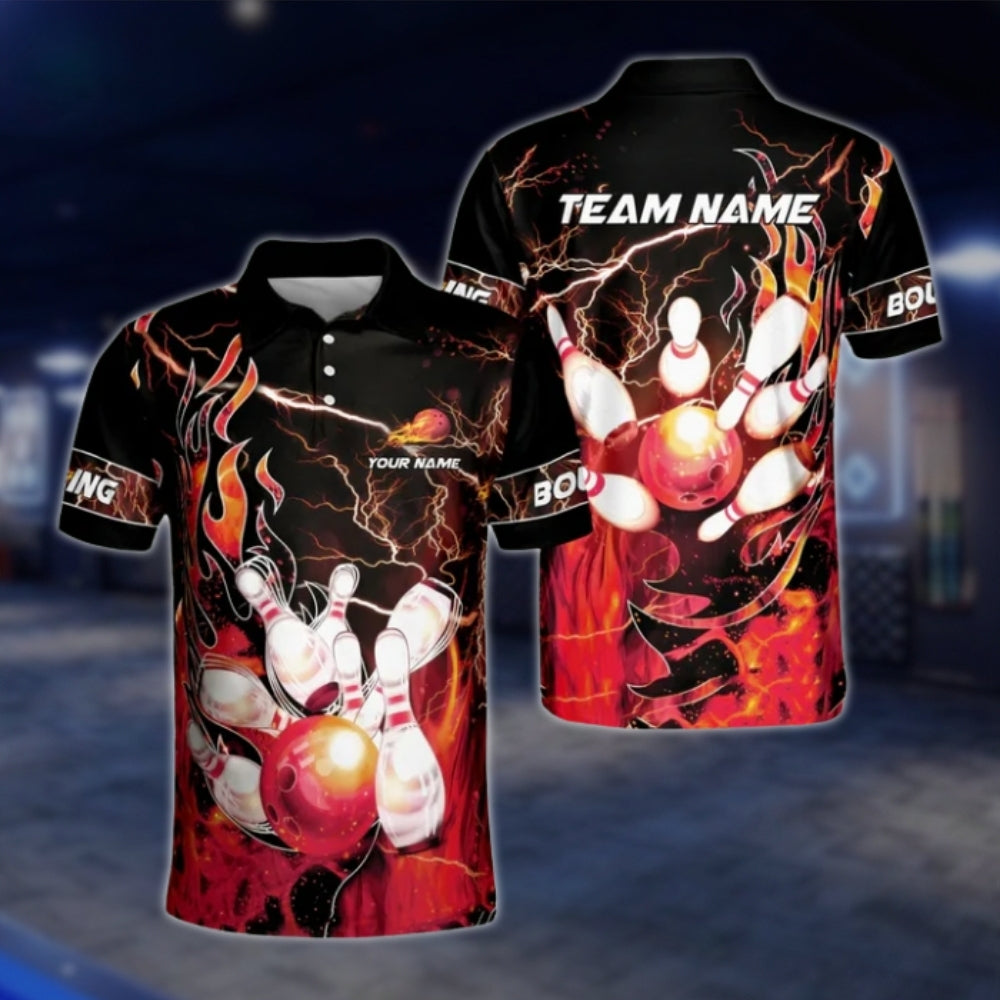 Custom Fire Thunder Bowling Polo Shirts For Mens, Custom Flame Team Bowling Shirts BZ0178 BOW0378