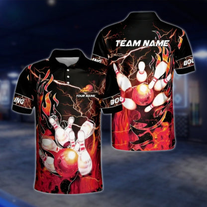 Custom Fire Thunder Bowling Polo Shirts For Mens, Custom Flame Team Bowling Shirts BZ0178 BOW0378
