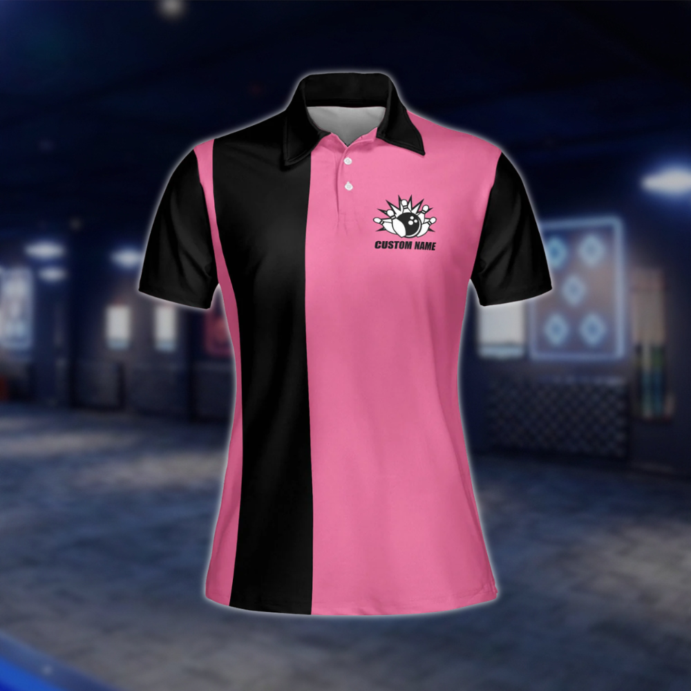 Custom Womens Pink And White Bowling Polo Shirt, Custom Name Bowling Shirts For Ladies BE0018 BOW0274